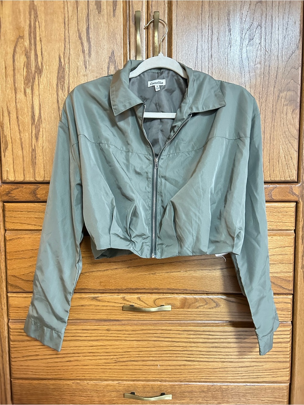 Croppped Zip-Front Bomber Jacket in Sage Green by Camelia